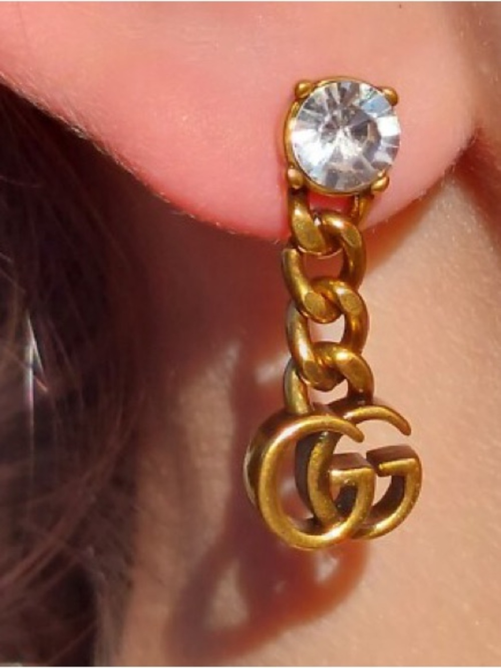 Gucci Marmont Metal Crystal Double G Chain Drop Earrings Aged Gold